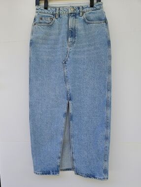 Mango (MNG) Denim Midi Skirt with Front Slit - Light Wash Blue, Size S